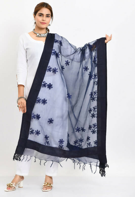 Mominos Fashion Moeza Women's Orgenza All Over Chikan Work Navy Blue Dupatta | Grocsy