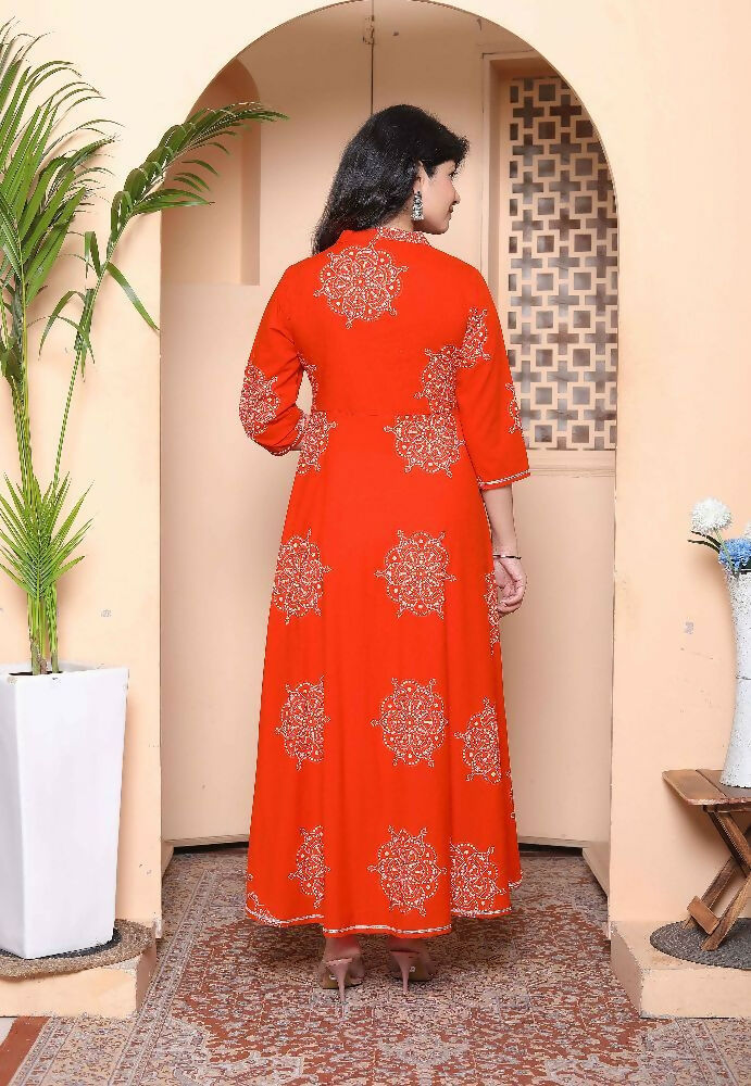 Miravan Women'S Orange Floral Cotton Printed Anarkali Kurta With Dupatta | Grocsy