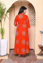Miravan Women'S Orange Floral Cotton Printed Anarkali Kurta With Dupatta | Grocsy