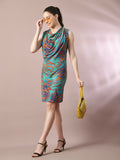 Myshka Women's Multi Printed Cowl Neck Bodycon Party Dress | Grocsy