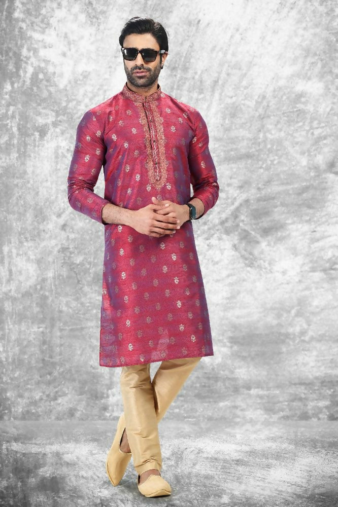 Raivat Ethnic Jacquard Silk Brocade Thread Work Kurta Pajama In Magenta Pink Colour | Grocsy