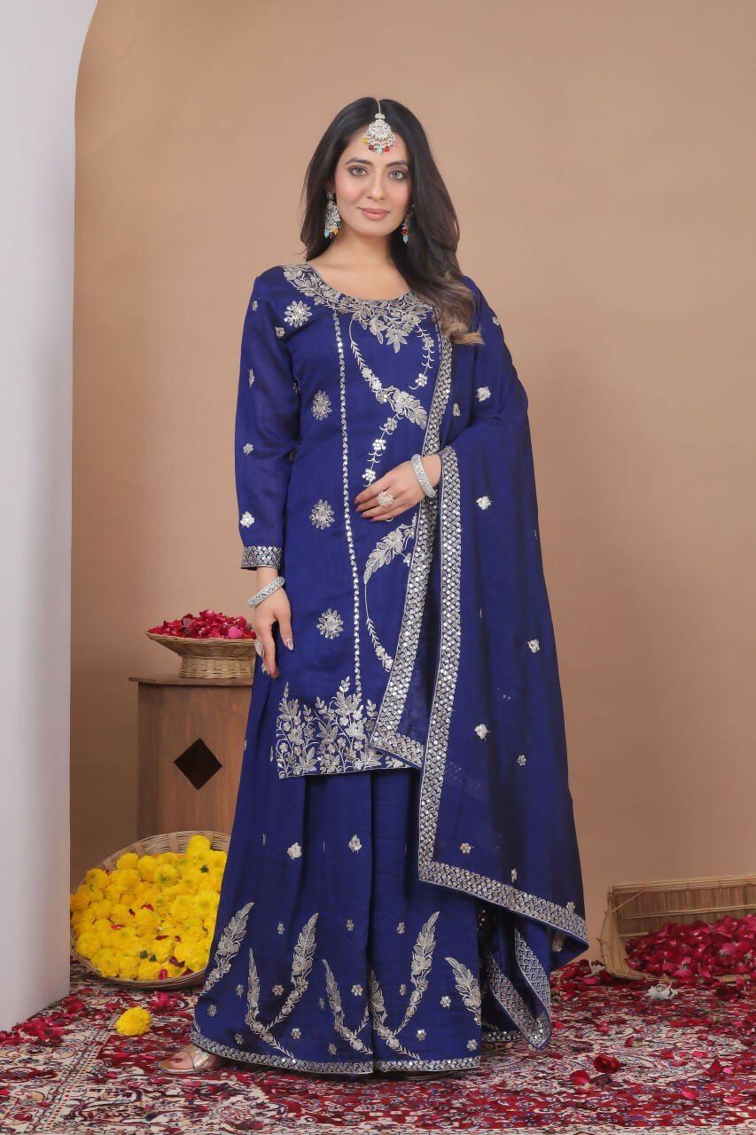 Teeya Creation Blue Color Vichitra Silk Embroidery Work Wedding Wear Palazzo Set | Grocsy