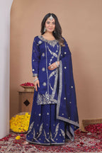 Teeya Creation Blue Color Vichitra Silk Embroidery Work Wedding Wear Palazzo Set | Grocsy