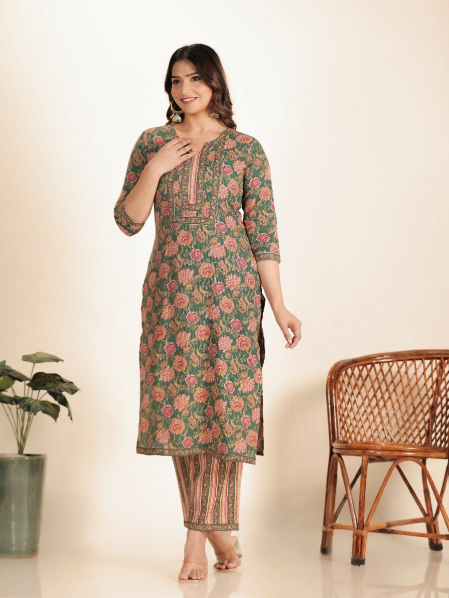 Aramya Green Kantha Cotton Floral Print Straight Kurta Set for Women | Grocsy