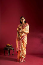 Joban Fashion Cream & Orange Plain With Weaving Border Banarasi Silk Sarees | Grocsy