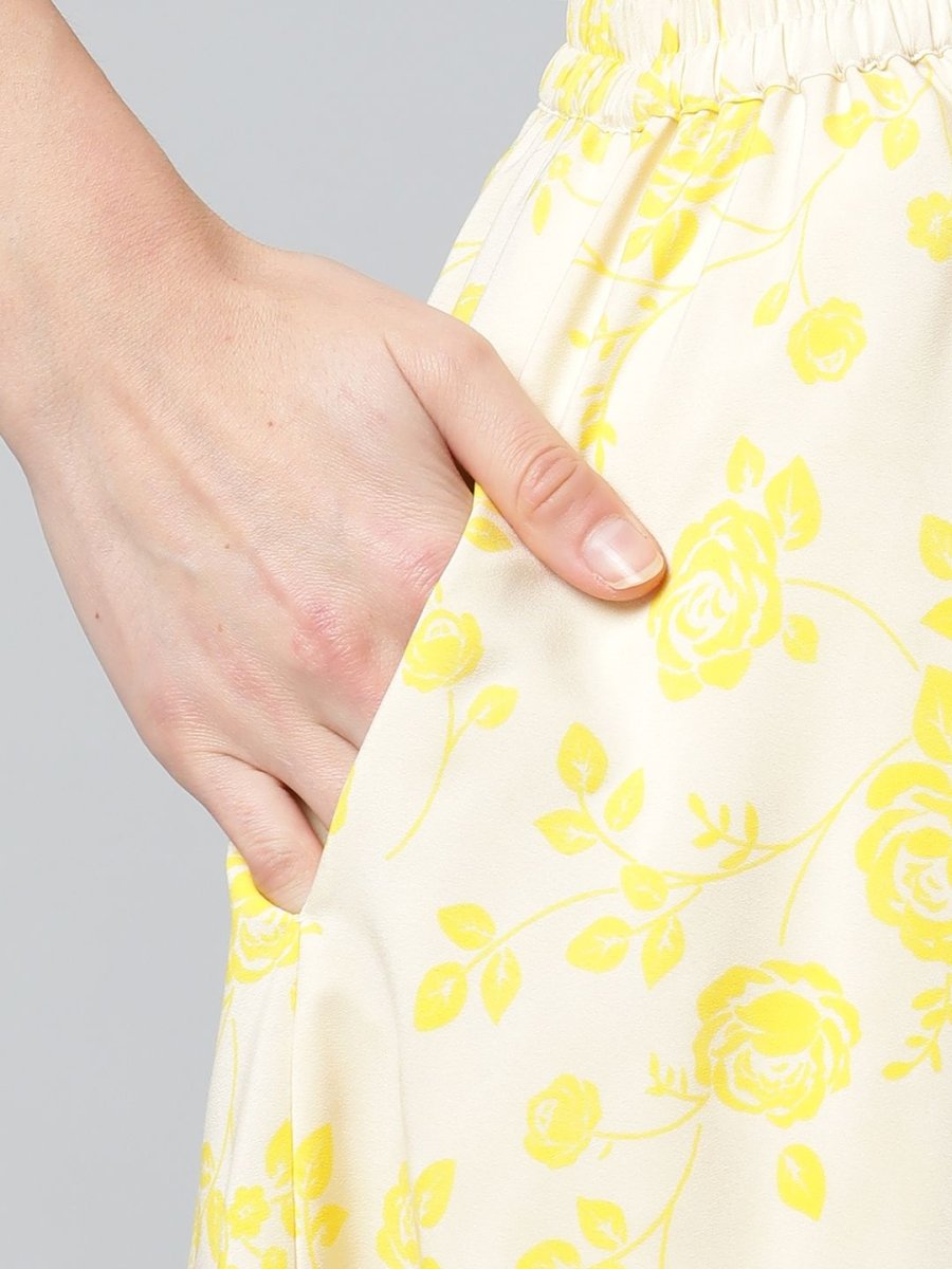 Ahalyaa Women Crepe Cream Solid Top with Printed Skirt with Ruffle Details | Grocsy