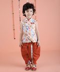 Joban Fashion Kids Island Cotton Sleeveless printed Kurta and Solid Dhoti - Rust | Grocsy