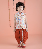 Joban Fashion Kids Island Cotton Sleeveless printed Kurta and Solid Dhoti - Rust | Grocsy