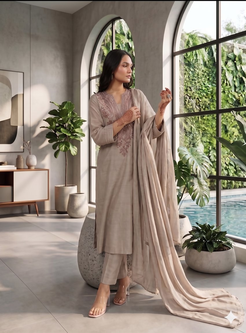 Teeya Creation Trends Grey Embroidered Kurta With Pant And Dupatta Set | Grocsy