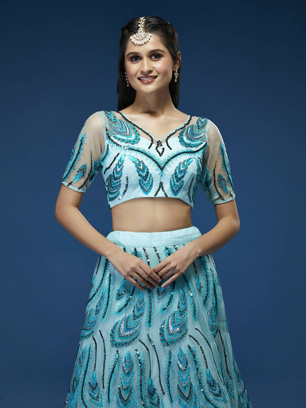House of Panchhi Seagreen Net Sequins Embroidered Lehenga & Blouse with Dupatta | Grocsy