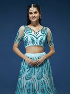 House of Panchhi Seagreen Net Sequins Embroidered Lehenga & Blouse with Dupatta | Grocsy