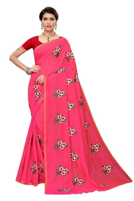 Vamika Chanderi Cotton Embroidery Pink Saree (MOGRA PINK) | Grocsy