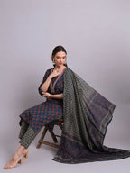 Joban Fashion Blue Cotton Buti Printed & Embroidery Work Kurta With Trousers & Dupatta Set | Grocsy