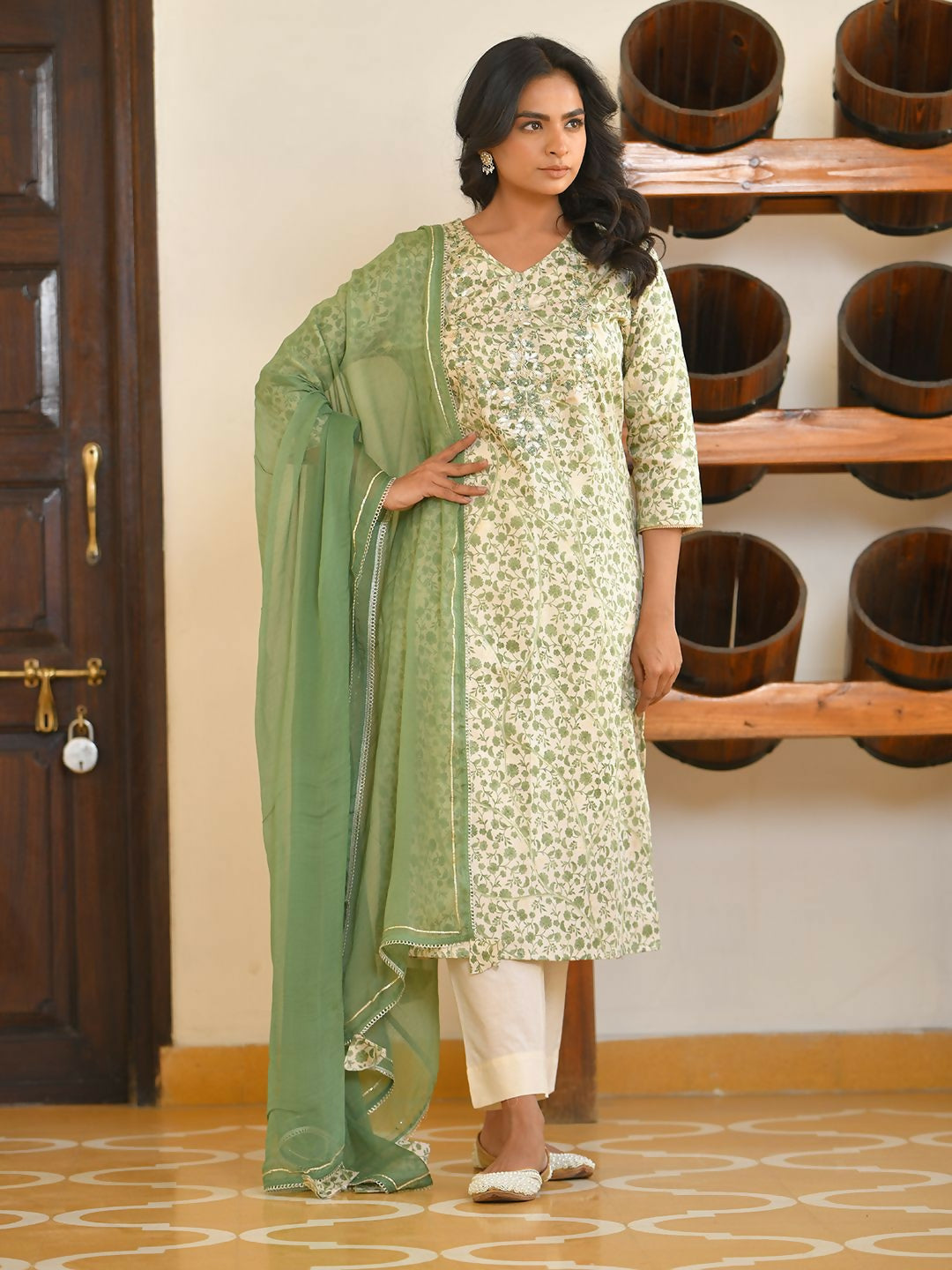 Vaasva Women's Embrald Cream Cotton Foil Printedembroidered Suit Set | Grocsy