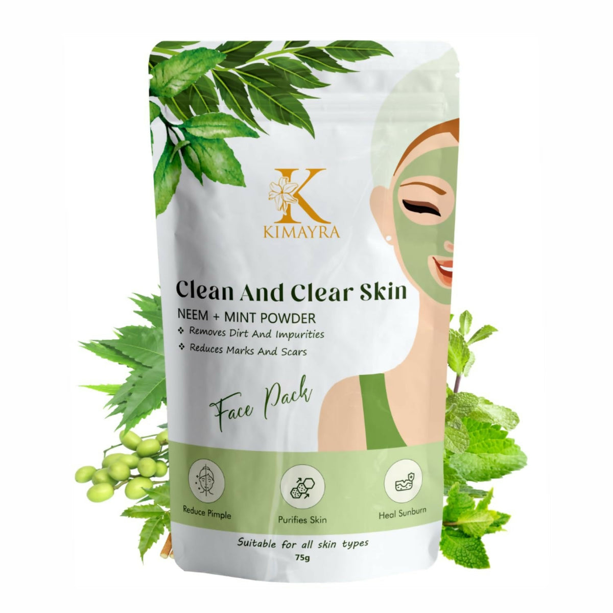 Kimayra Organic Neem + Mint Face Pack Powder For Clean & Clear Skin, Help In Reduce Pimple/Acne, Marks & Scars | Grocsy