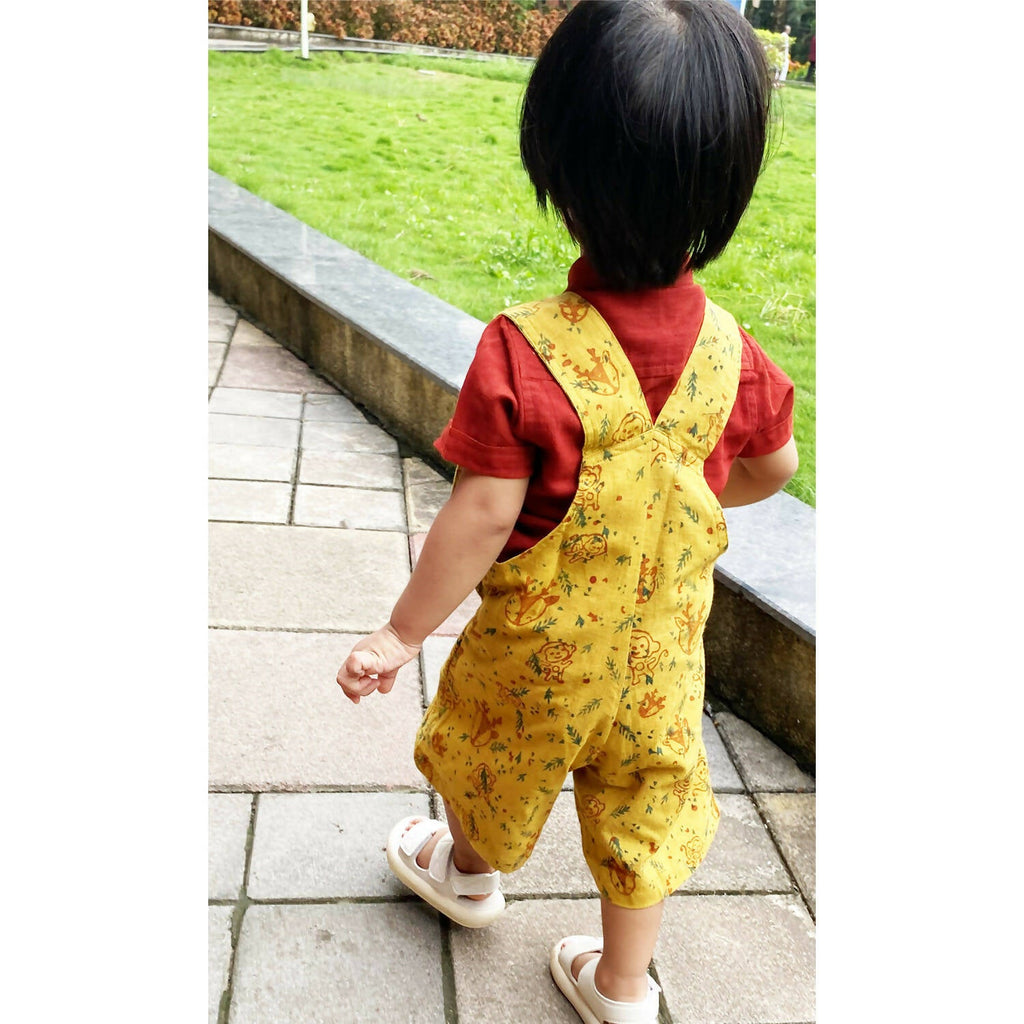 Mhyssa Yellow Dungaree With Round Neck Half Sleeves Maroon Shirt Set | Grocsy