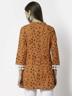 Myshka Women Orange Pure Cotton Printed 3/4 Sleeve Round Casual Tunic | Grocsy