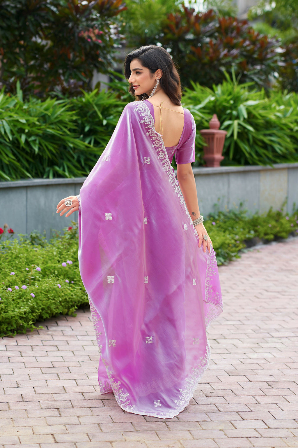 Vastranavya Light Pink Embroidery Work Shimmer Chiffon Saree with Unstitched Blouse | Grocsy