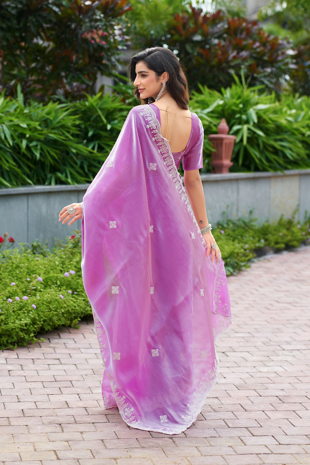 Vastranavya Light Pink Embroidery Work Shimmer Chiffon Saree with Unstitched Blouse | Grocsy