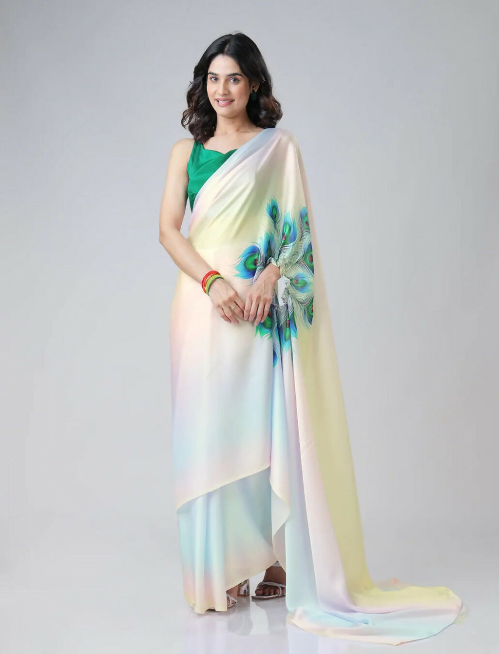 Vastranavya Pastel Rainbow Freehand Peacock Feather Print Ready to Wear Saree | Grocsy