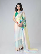 Vastranavya Pastel Rainbow Freehand Peacock Feather Print Ready to Wear Saree | Grocsy