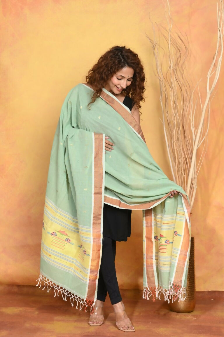 Very Much Indian Handloom Pure Cotton Paithani Dupatta - Sea Green | Grocsy