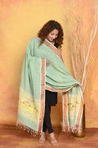 Very Much Indian Handloom Pure Cotton Paithani Dupatta - Sea Green | Grocsy