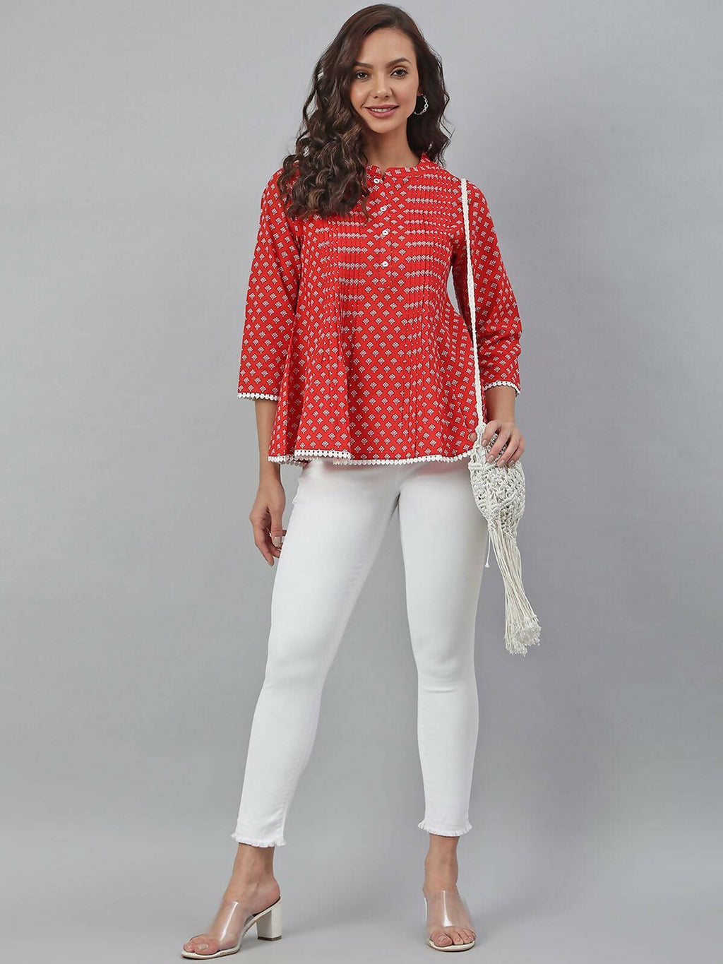 Janasya Women's Red Cotton Floral Print Flared Top | Grocsy
