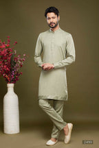 Raivat Ethnic Art Banarasi Silk Thread Work Kurta Pajama In Pista Green Colour | Grocsy