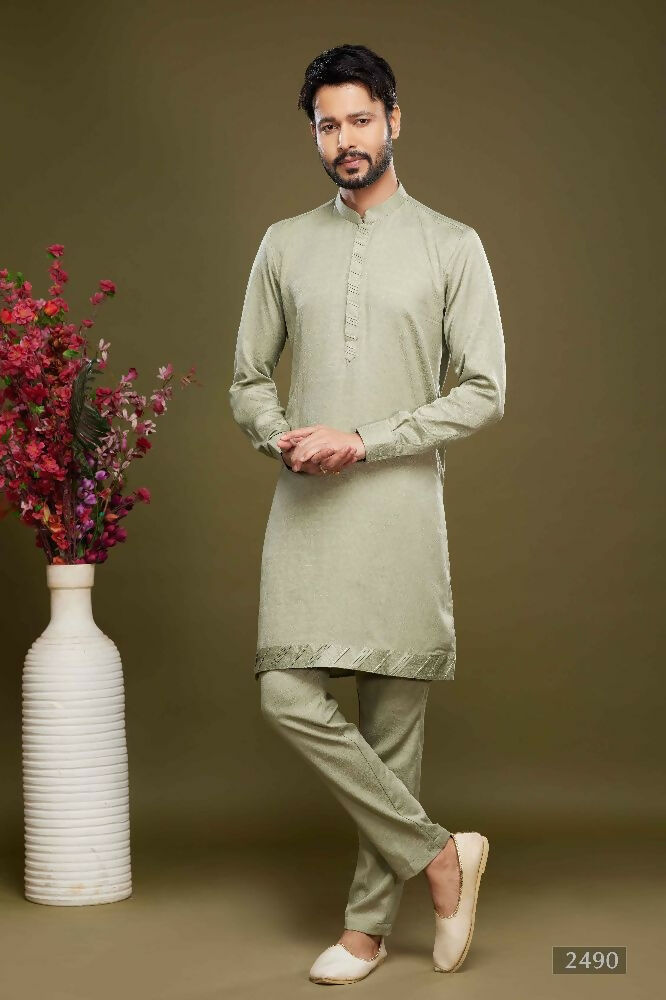 Raivat Ethnic Art Banarasi Silk Thread Work Kurta Pajama In Pista Green Colour | Grocsy