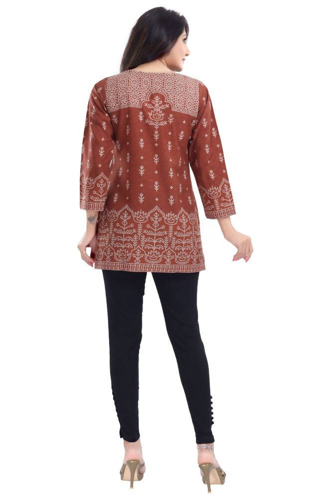 Snehal Creations Rust Faux Crepe Short Kurti Tunic Top | Grocsy
