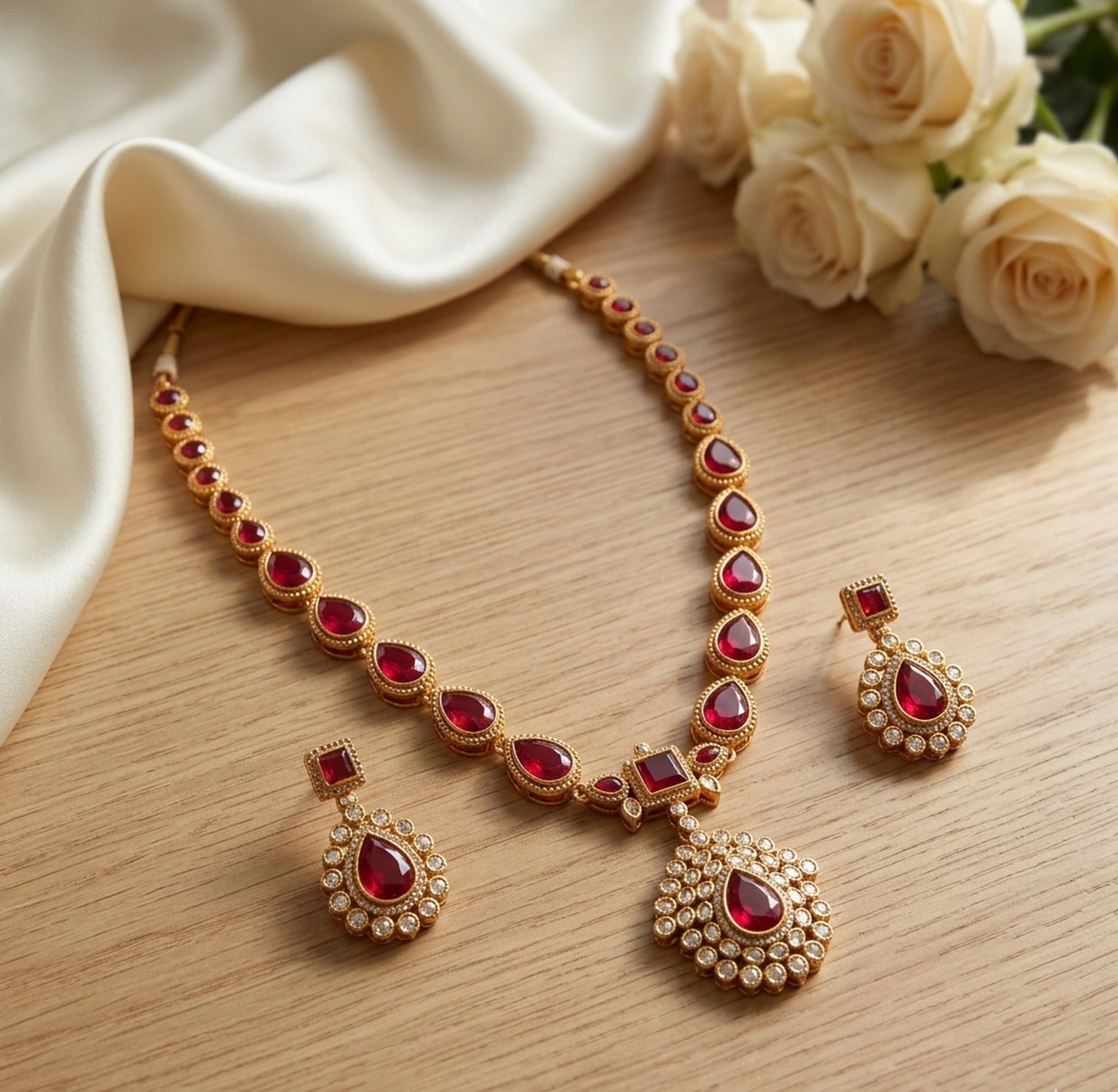 Jewel City Gold Plated Ruby Indian Jewelry Set Wedding Necklace with Earrings | Bollywood Bridal Festival Wear | Grocsy