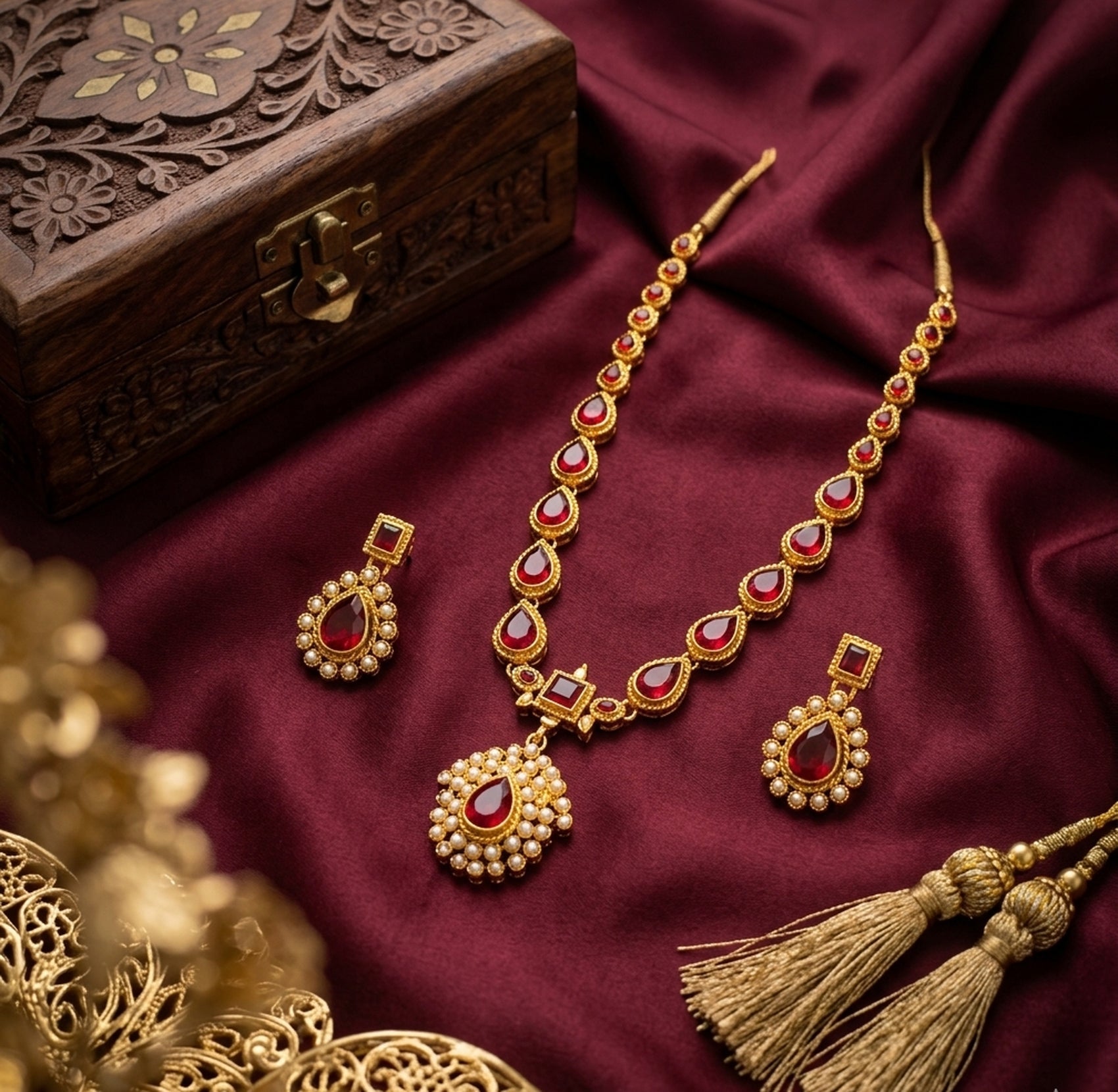 Jewel City Gold Plated Ruby Indian Jewelry Set Wedding Necklace with Earrings | Bollywood Bridal Festival Wear | Grocsy