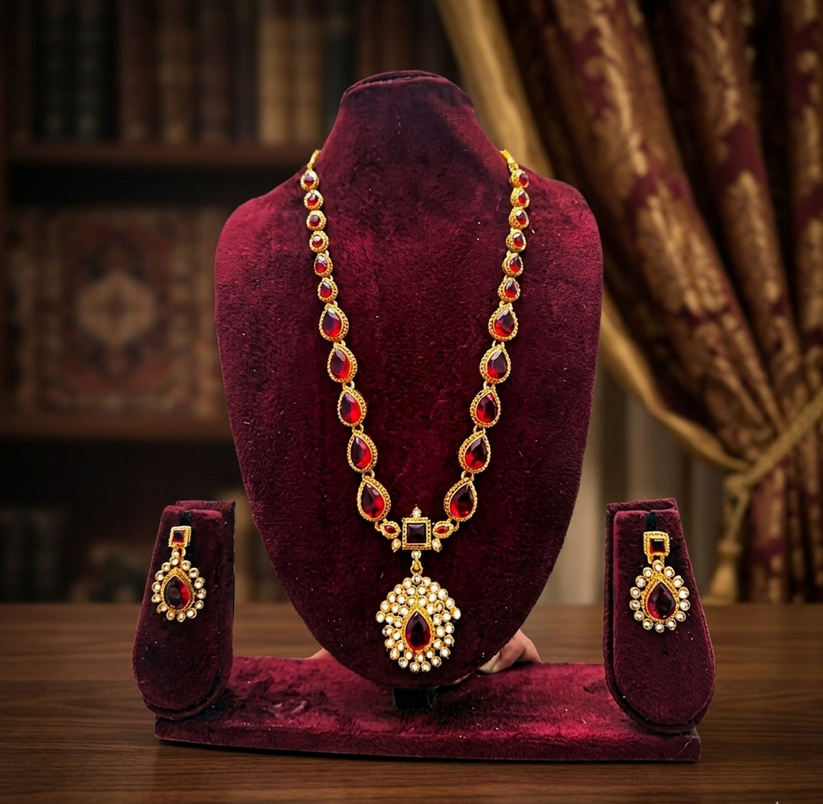 Jewel City Gold Plated Ruby Indian Jewelry Set Wedding Necklace with Earrings | Bollywood Bridal Festival Wear | Grocsy