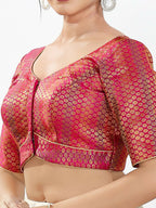 Joban Fashion Pink Brocade Padded Blouse With Sweetheart Neck Elbow Sleeves | Grocsy