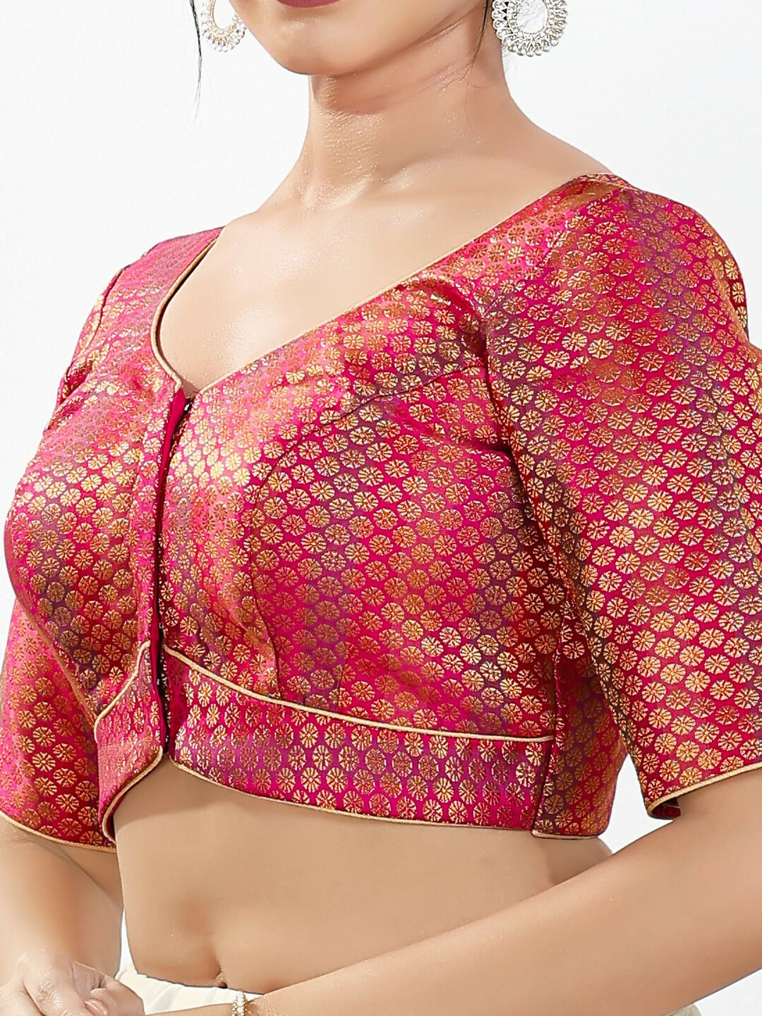 Joban Fashion Pink Brocade Padded Blouse With Sweetheart Neck Elbow Sleeves | Grocsy