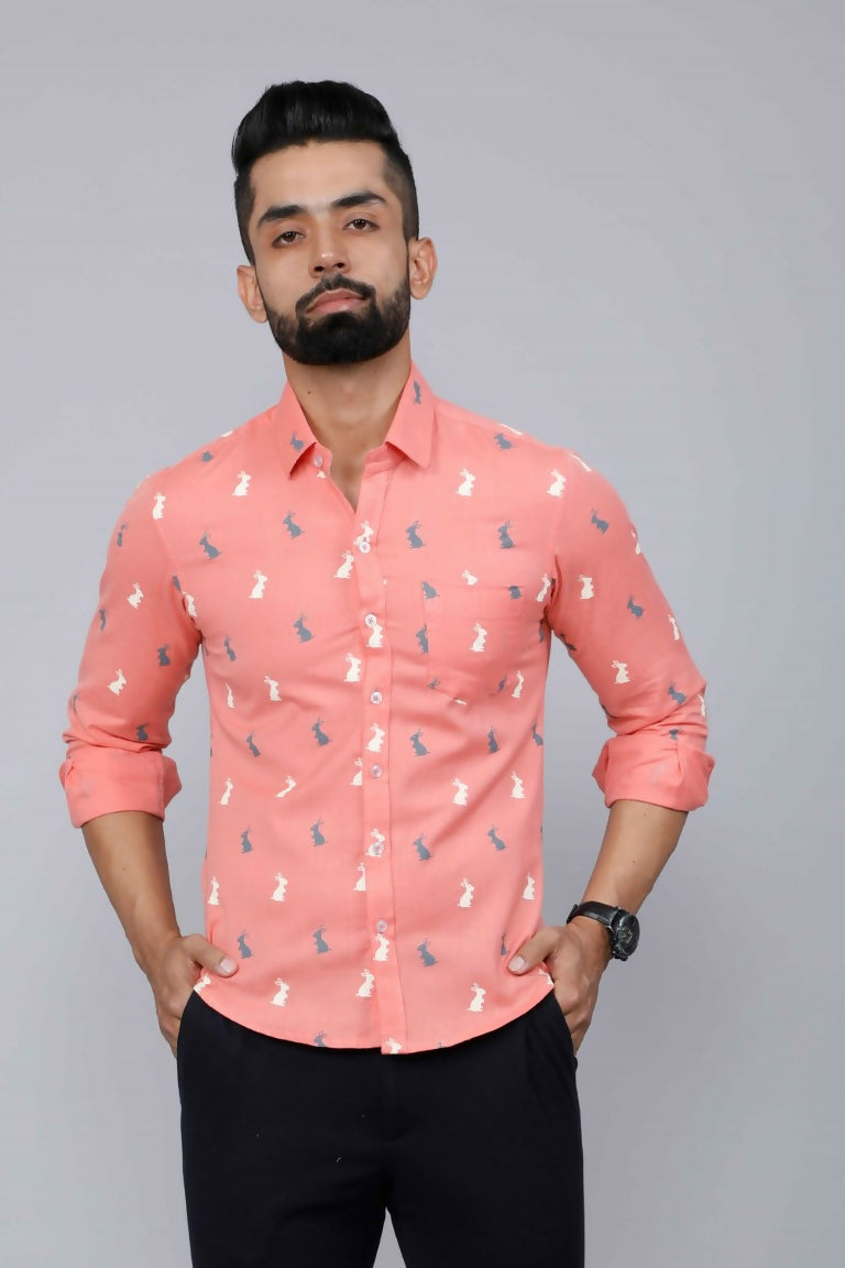 Miravan Men's Peach Spread Collar Animal Print Partywear Shirt | Grocsy