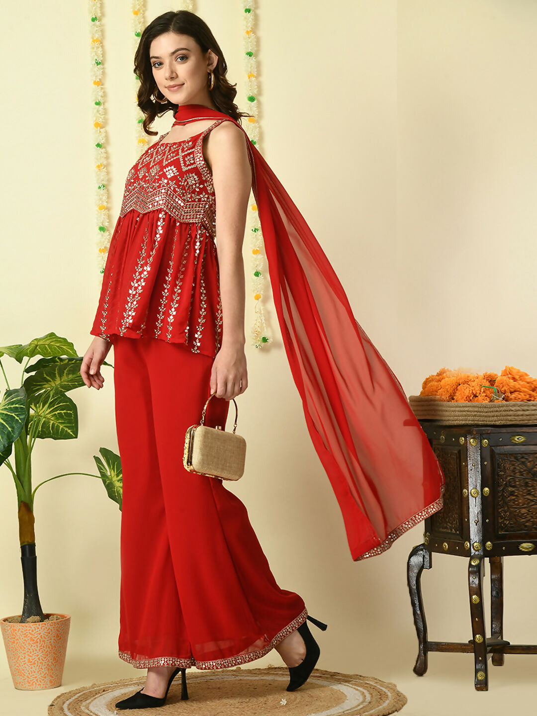 Myshka Women's Red Georgette Top & Palazzos With Dupatta Party Sets | Grocsy