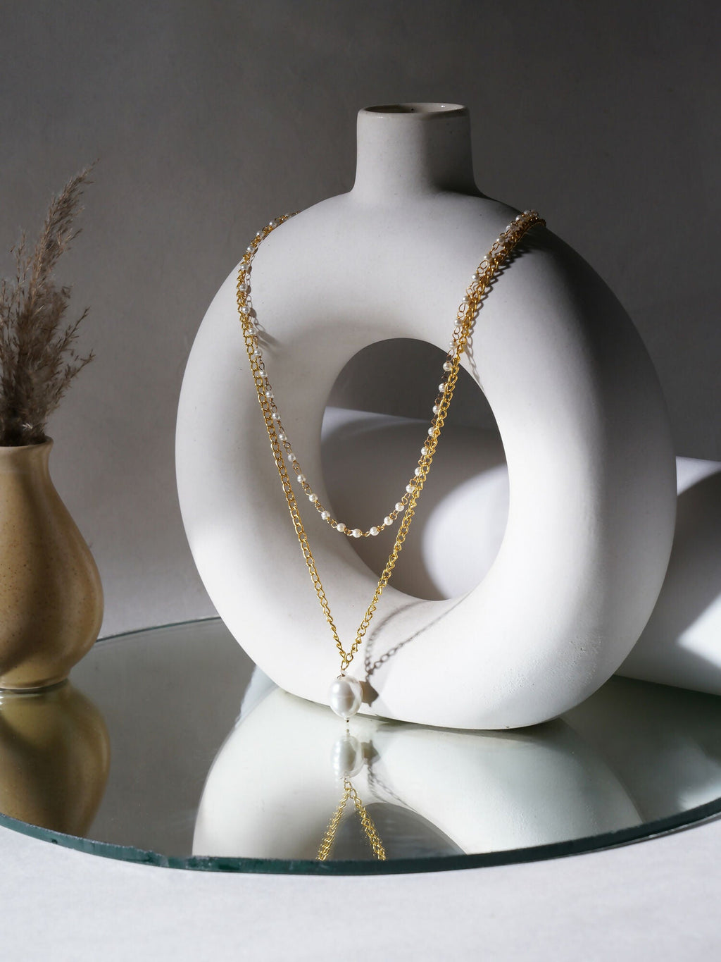 Layered Pearl and Gold Neckpiece with Emeralds (Gold) - Ruby Raang | Grocsy