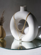 Layered Pearl and Gold Neckpiece with Emeralds (Gold) - Ruby Raang | Grocsy
