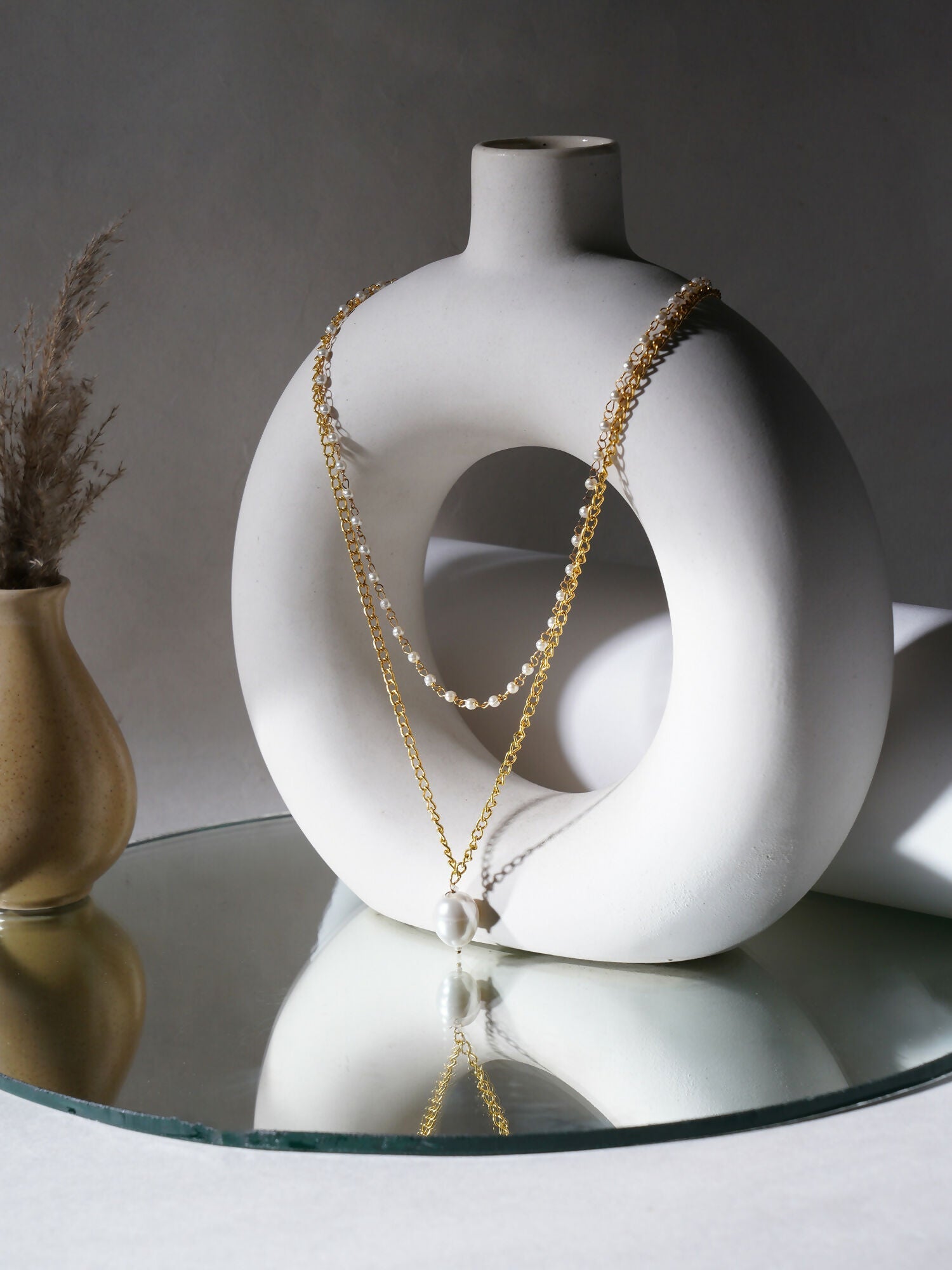 Layered Pearl and Gold Neckpiece with Emeralds (Gold) - Ruby Raang | Grocsy