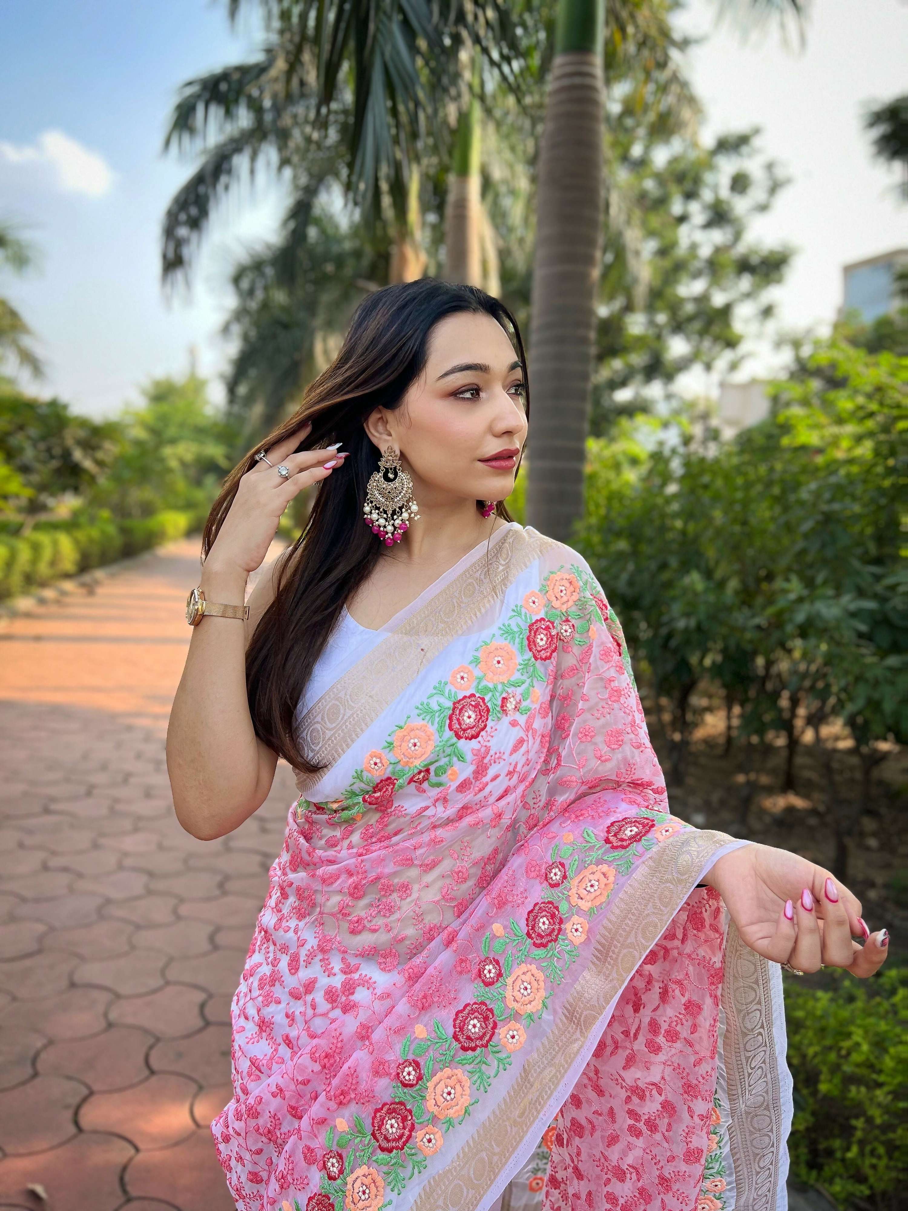 Vamsee Radhika Jaal Pink Organza Silk Saree | Grocsy