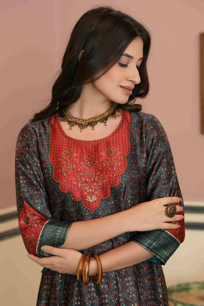 Juniper Green Satin Festive Printed Anarkali Flared Anarkali Kurta For Women | Grocsy