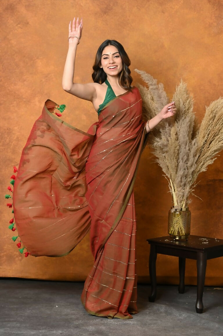 Very Much Indian Designer Mul Cotton Handloom Saree with Sequins - Dual Tone Red Green | Grocsy
