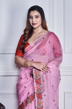 Morchari Pink Supernet Cross Embroidery Saree Unstitched Blouse | Grocsy