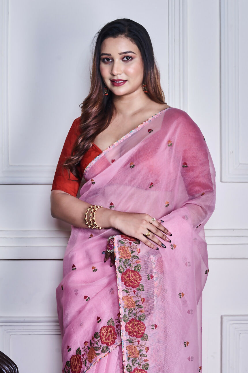 Morchari Pink Supernet Cross Embroidery Saree Unstitched Blouse | Grocsy