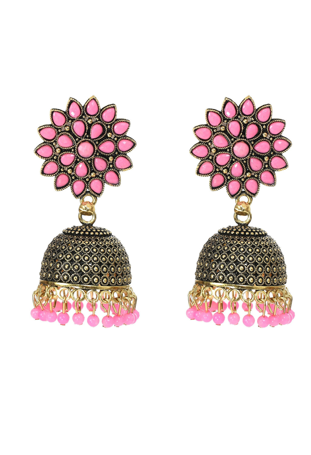 Mominos Fashion Johar Kamal Beautiful Kundan Work Jhumka With Baby Pink Beads