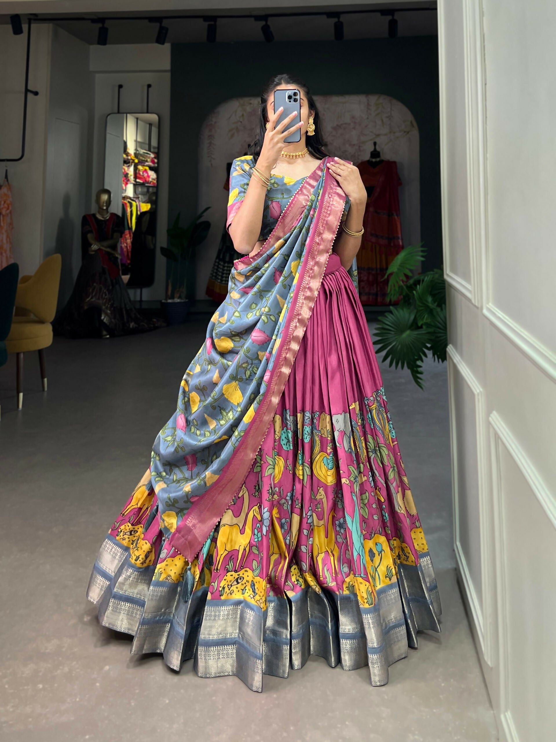 Vastranavya Kalamkari Printed Dola Silk Lehenga Choli - Pink | Grocsy
