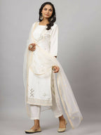 Juniper Women's White Chinnon Solid Embroidered Kurta Set | Grocsy