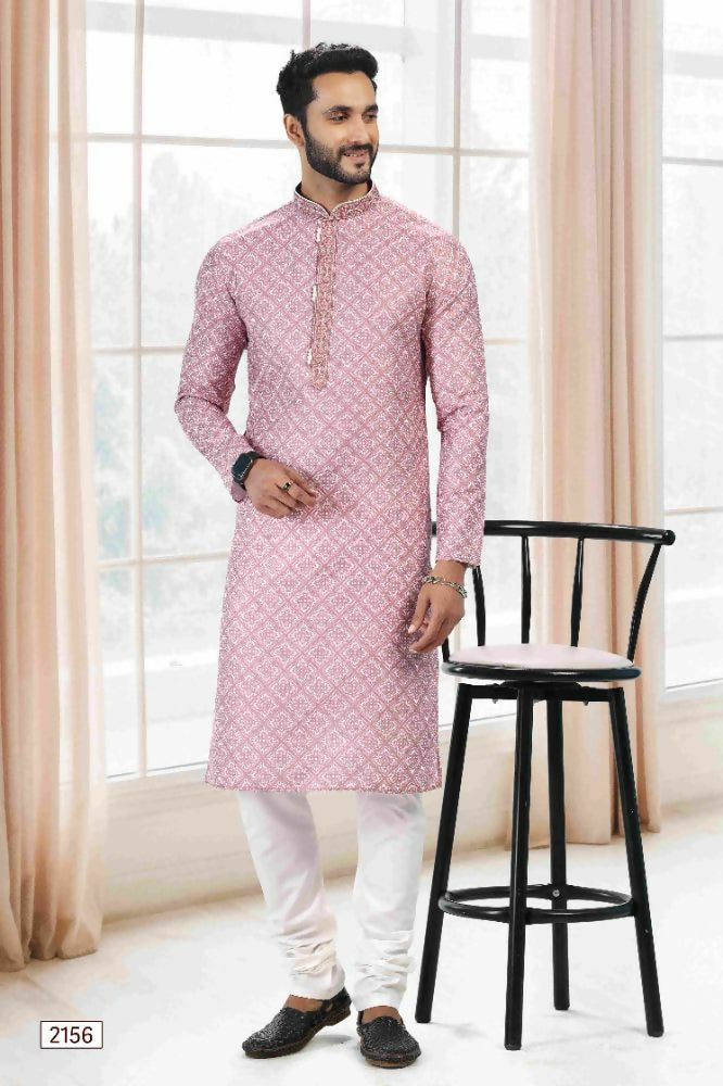 Raivat Ethnic Cotton Thread Work Kurta Pajama In Baby Pink Colour | Grocsy